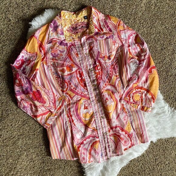 Robert Graham Shirt Paisley Striped Multicolor Linen Cotton Pearl Button Down XL - Picture 1 of 10